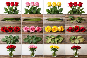 Visual comparison of A, B, C and D grade fresh cut roses showing differences in stem length, bud quality, leaf condition and vase presentation