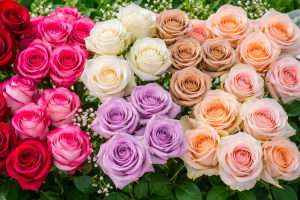 Assorted fresh cut roses in multiple colors, including red, pink, white, peach, and lavender, arranged for wholesale export display