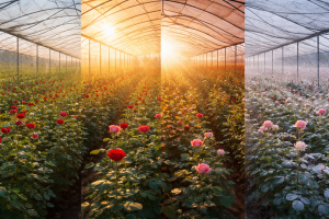 A panoramic view of a Yunnan greenhouse rose farm showing four seasonal sections: spring, summer, autumn, and winter, with rows of fresh cut roses under natural light