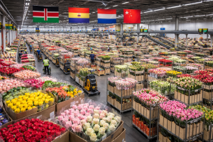 Wholesale flower market in Yunnan, China showing bulk fresh roses, lilies, tulips, and carnations in a large warehouse with buyers and workers inspecting flowers for international B2B procurement.