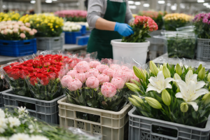 High-resolution photograph of a flower warehouse showing fresh cut roses, peonies, and lilies in crates, with a worker arranging stems for B2B wholesale distribution