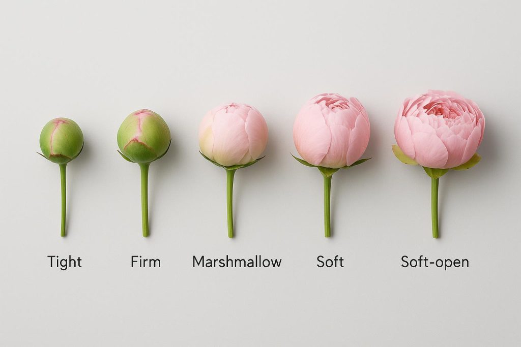 Photographic grid of peony buds from tight to marshmallow to soft-open with labels for wholesale buyers