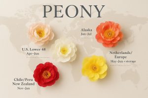 Editorial collage of blush, white, coral, red, and yellow peonies over a muted world map with subtle sourcing window bands.
